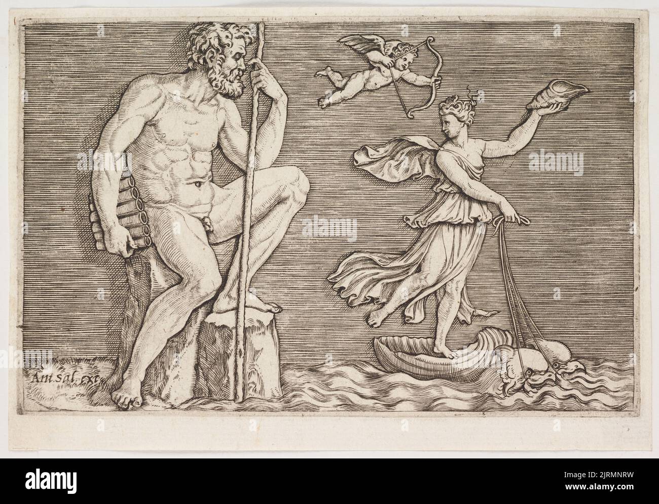 Galatea échappant de Polyphemus, 1515-1527, par Marco Dente, Marcantonio Raimondi. Banque D'Images