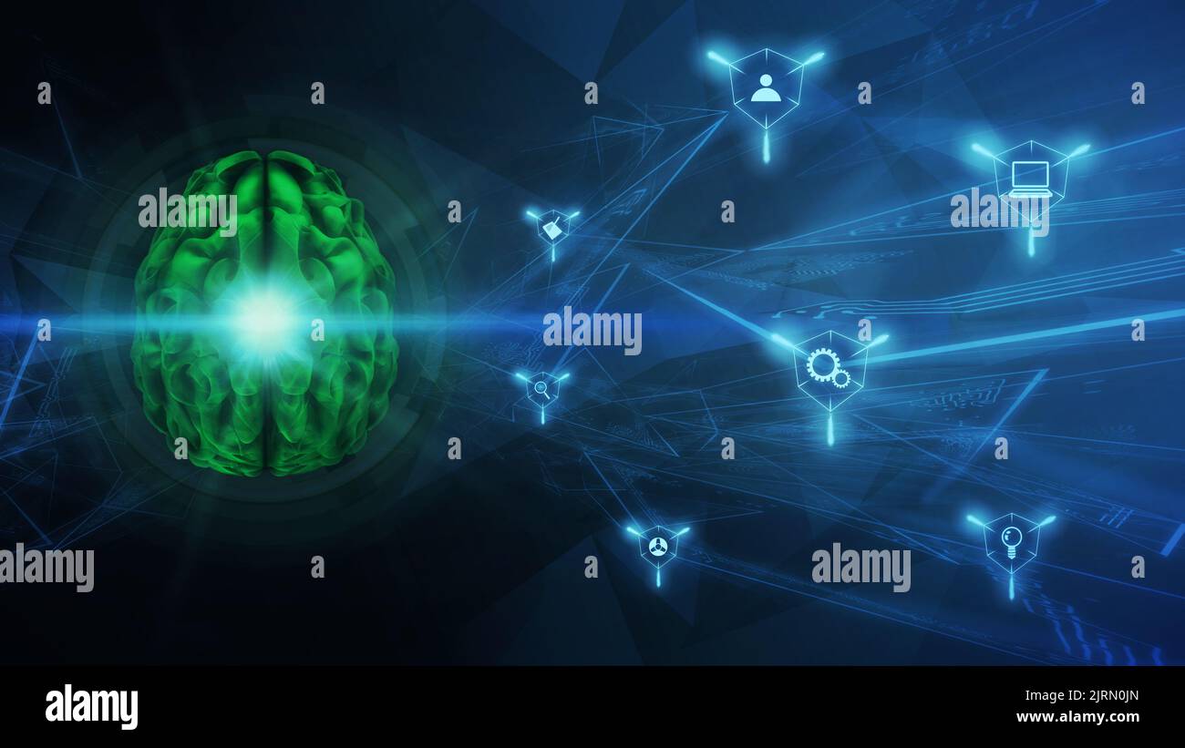 Cerveau, A.I. 3D rendu graphique, concept. Un modèle futuriste de composition technologique et scientifique, avec un cerveau humain, des lignes de réseau et un recouvrement gr Banque D'Images