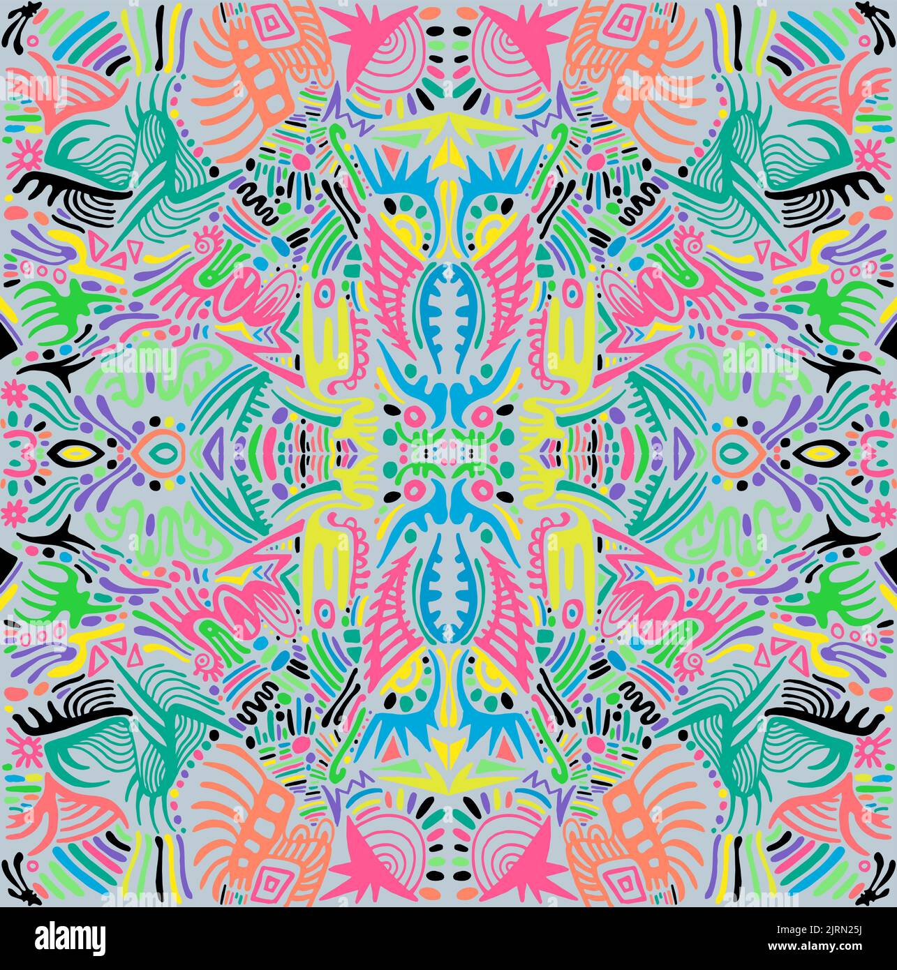 Psychédélique symétrique motley hippie trippy résumé motif avec beaucoup d'ornements complexes, néon lumineux multicolore texture de couleur. Illustration de Vecteur