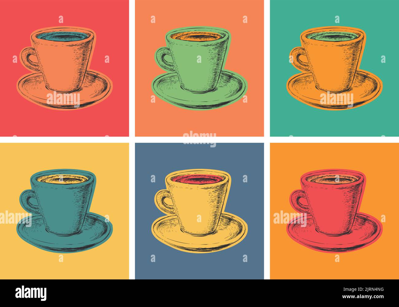 Ensemble tasse à café motif illustrations vectorielles style Pop Art. Illustration de Vecteur