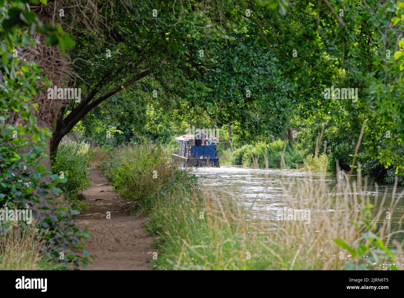 Une petite croisière en bateau sur la rivière Wey canal de navigation sur un été, Byfleet Surrey England UK Banque D'Images
