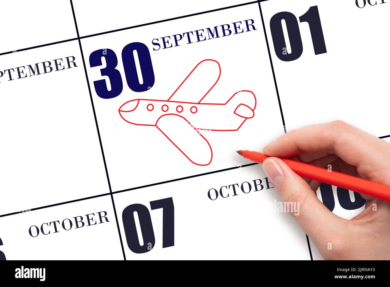 30th jour de septembre. Un dessin à la main esquisse de l'avion à la date du calendrier 30 septembre . Date du vol en avion. Voyages, voyages d'affaires. Automne Banque D'Images