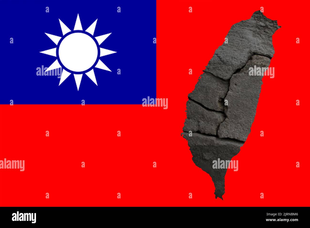 Applique correctement un effet de flou sur le drapeau de Taïwan, les couleurs officielles et la proportion. Drapeau national de Taïwan. Carte de Taïwan. Démocratie. Guerre et fissure de pierre. La guerre entre la Chine et Banque D'Images