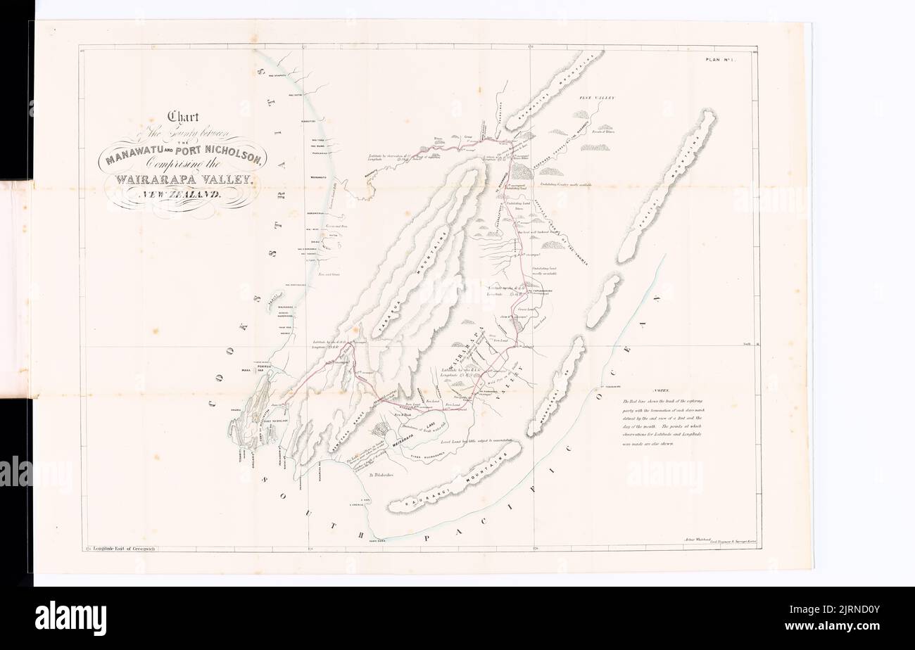 Carte du pays entre Manawatu et Port Nicholson, comprenant la vallée de Wairarapa, Nouvelle-Zélande, 1848, par Arthur Whitehead. Banque D'Images