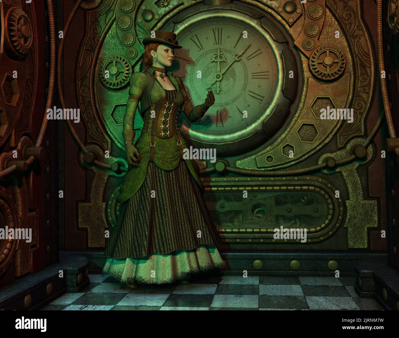 Steampunk Hannah - Une femme habillée dans le style gothique Steampunk avec un fond d'horloge. Banque D'Images