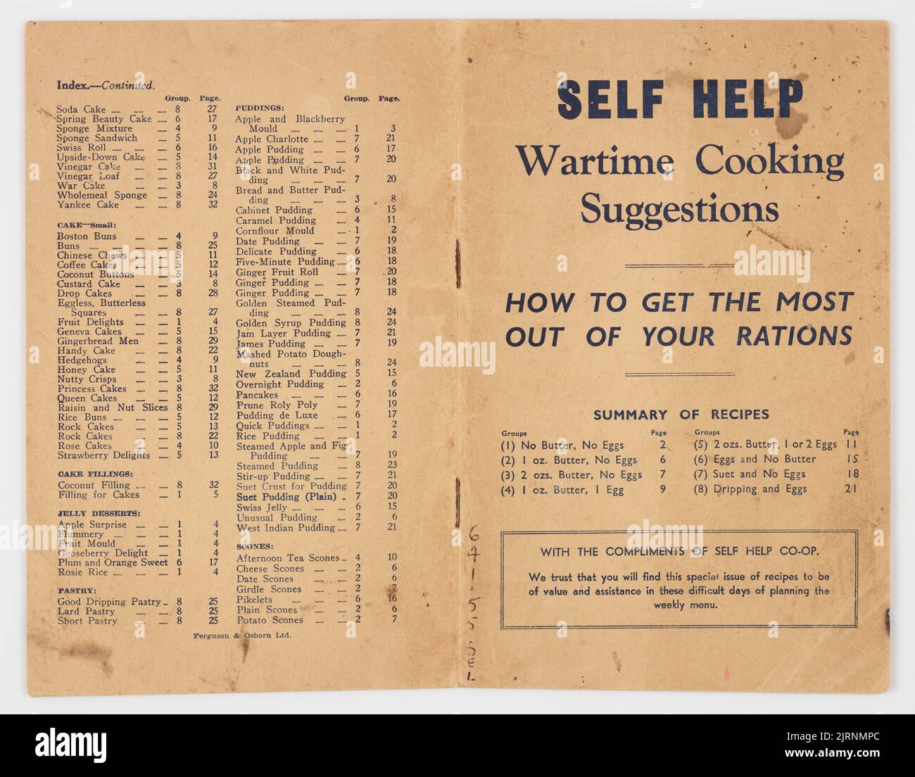 Self Help suggestions de cuisine en temps de guerre : comment tirer le meilleur parti de vos rations, 1942, Wellington, par Self Help Co-operative, Ferguson et Osborn, Ltd Banque D'Images