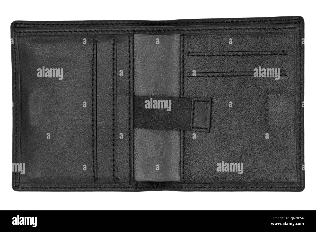 portefeuille en cuir texturé à grain noir ouvert et vide sur fond blanc isolé avec espace pour les cartes et l'argent et fermeture magnétique Banque D'Images