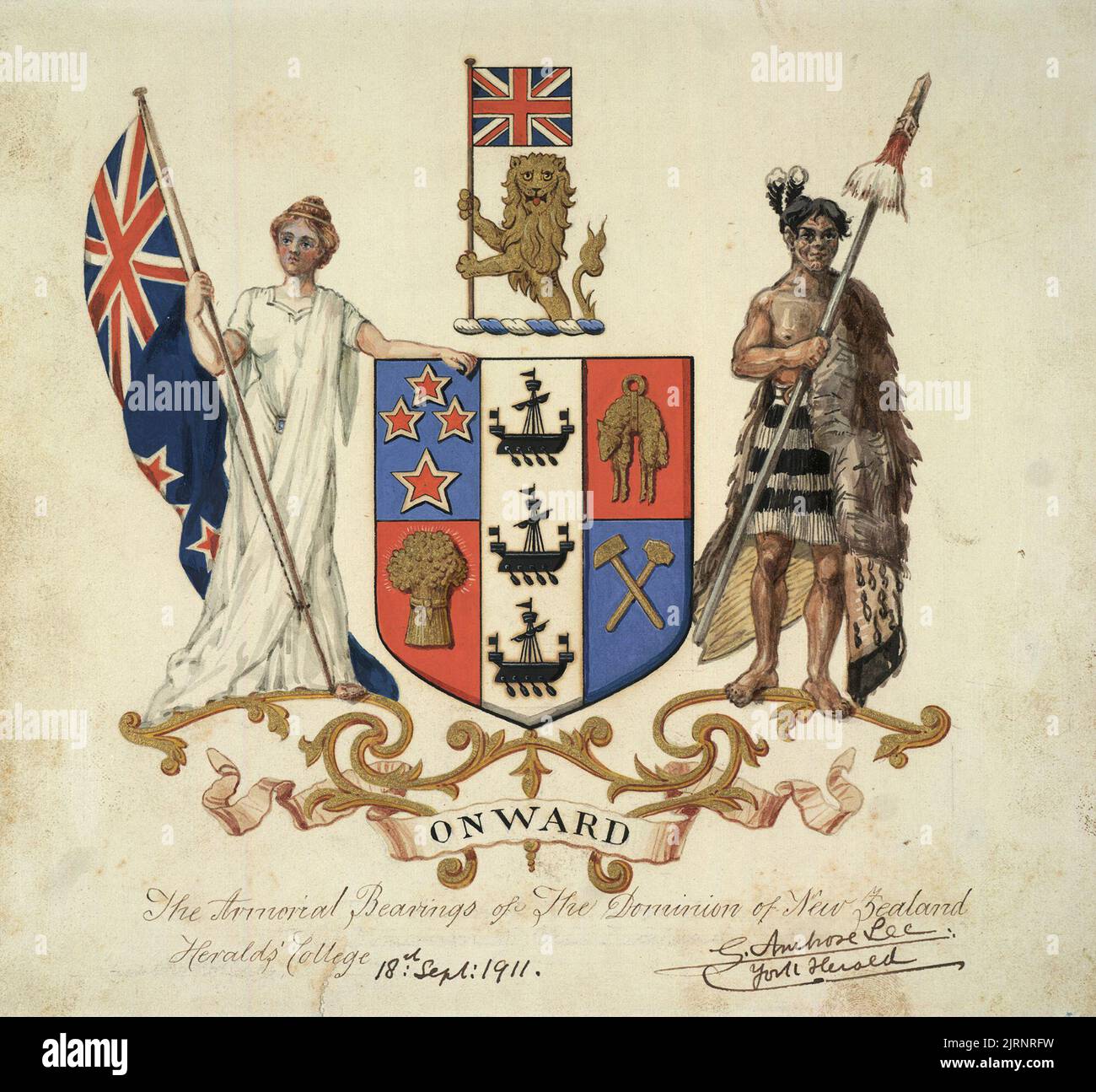 Armorial Bearings of [Dominion of] Nouvelle-Zélande, 1911, Londres, par James McDonald. Banque D'Images