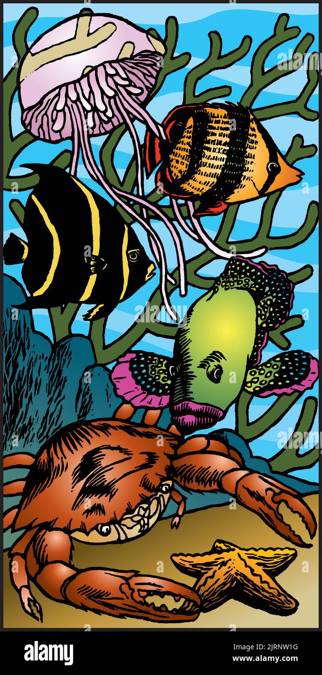Une illustration de style boisée de créatures sous-marines, y compris des méduses de poisson et un crabe. Illustration de Vecteur