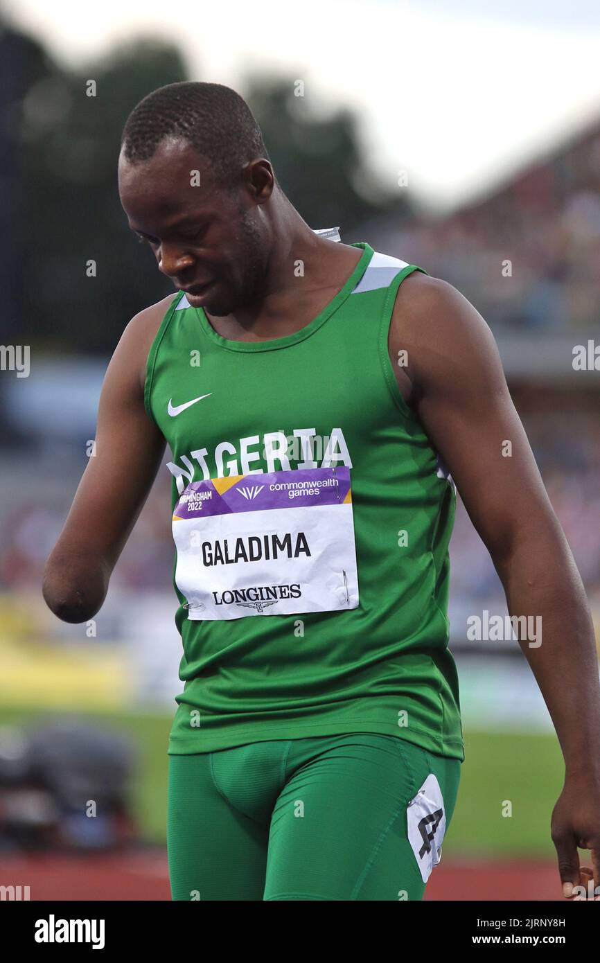 Suwaibidu GALAIMA du Nigeria dans le T45 hommes / T47 100m aux Jeux du Commonwealth 2022 à Birmingham. Banque D'Images