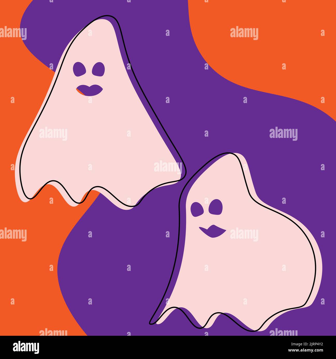 Ensemble vectoriel pour Halloween de deux fantômes souriants sur un fond abstrait dans des teintes tendance. Bonne journée d'Halloween. Imprimé tendance. Convient pour le lettrage, l'affiche, le message d'accueil, le papier d'emballage, l'étiquette, bannière Illustration de Vecteur