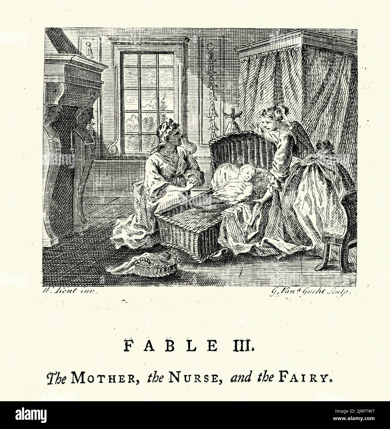 Gravure vintage de la mère, l'infirmière et la Fée, des Fables de John gay 18th siècle Banque D'Images
