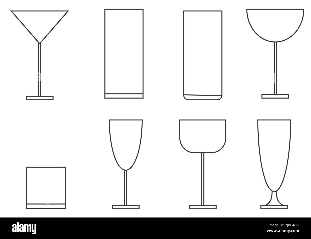 Ensemble d'icônes de verres à cocktail sur fond blanc, illustration vectorielle isolée. Collection de silhouettes stylisées simples. Logotype Banque D'Images