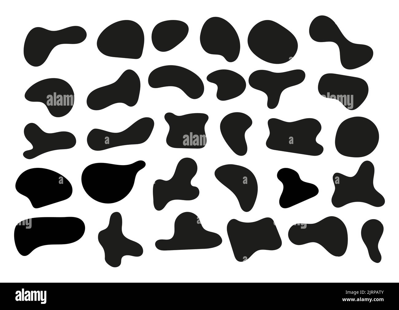 Ensemble de formes irreculaires abstraites BLOB. Goutte noire ou tache aléatoire organique ou animal simple splotch. Illustration de Vecteur