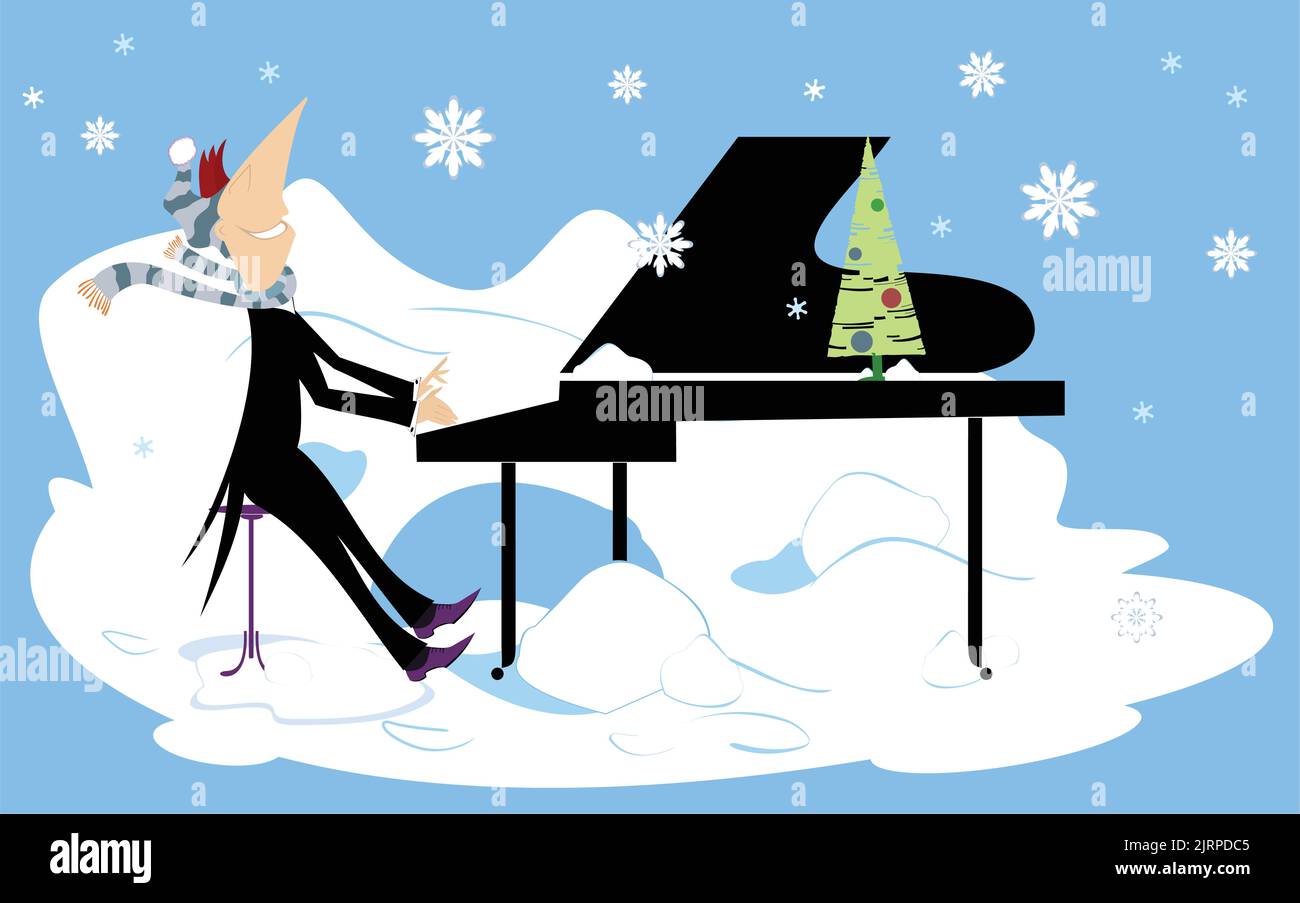 Illustration d'un concert de piano d'hiver. Un pianiste souriant joue de la musique sous la neige qui tombe Illustration de Vecteur