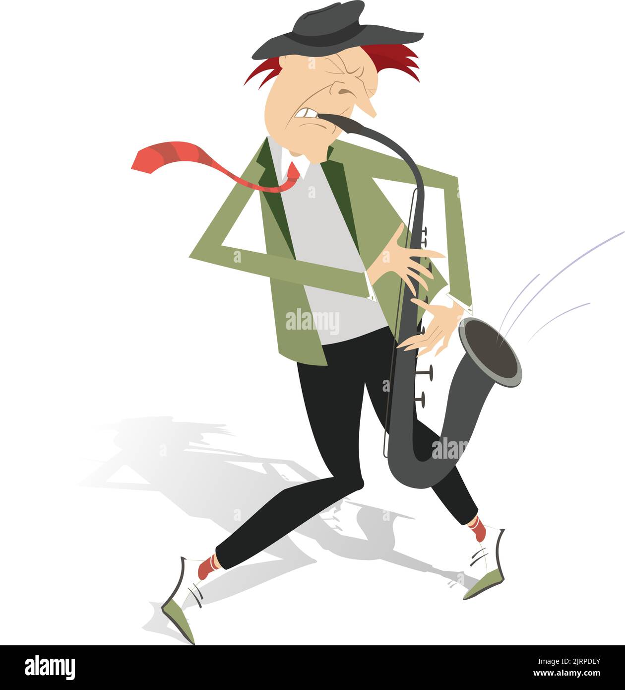 Illustration saxophoniste de dessin animé. Saxophoniste joue de la musique avec la grande inspiration isolée sur blanc Illustration de Vecteur