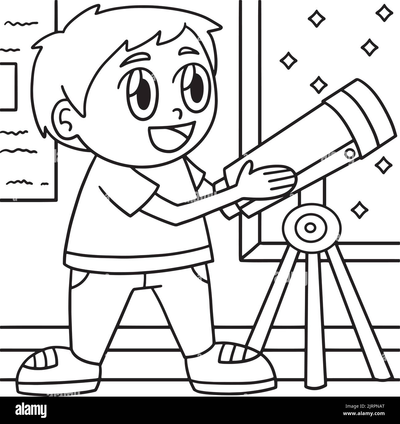 Page de coloriage pour garçons utilisant un télescope pour enfants Illustration de Vecteur