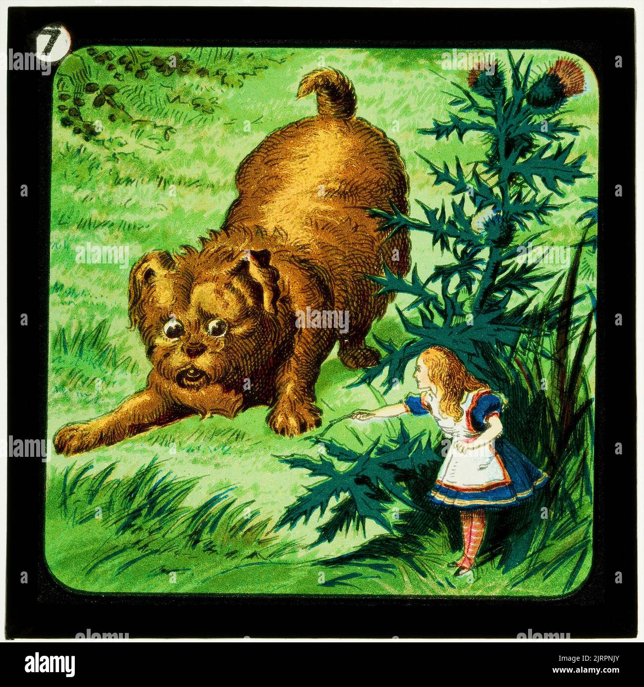 Alice au pays des merveilles (partie 1), en bas du trou de lapin : un énorme chiot la regardait vers le bas, vers 1900, Londres, par W. Butcher & Sons, Sir John Tenniel. Banque D'Images