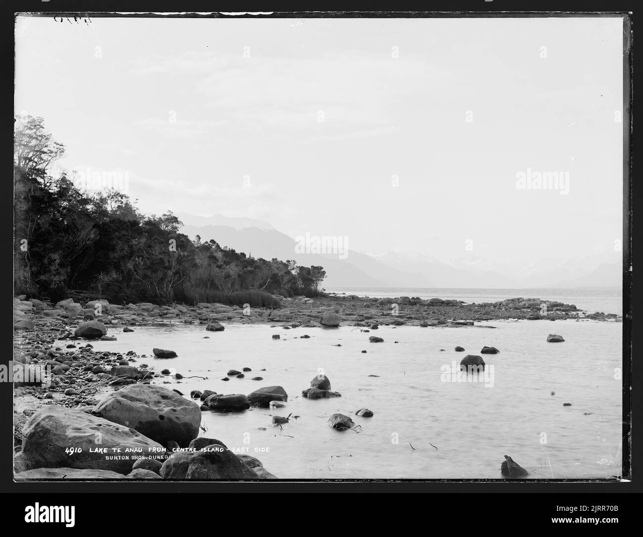 Lac te Anau de Center Island, côté est, 1889, Dunedin, par Burton Brothers, Alfred Burton. Banque D'Images