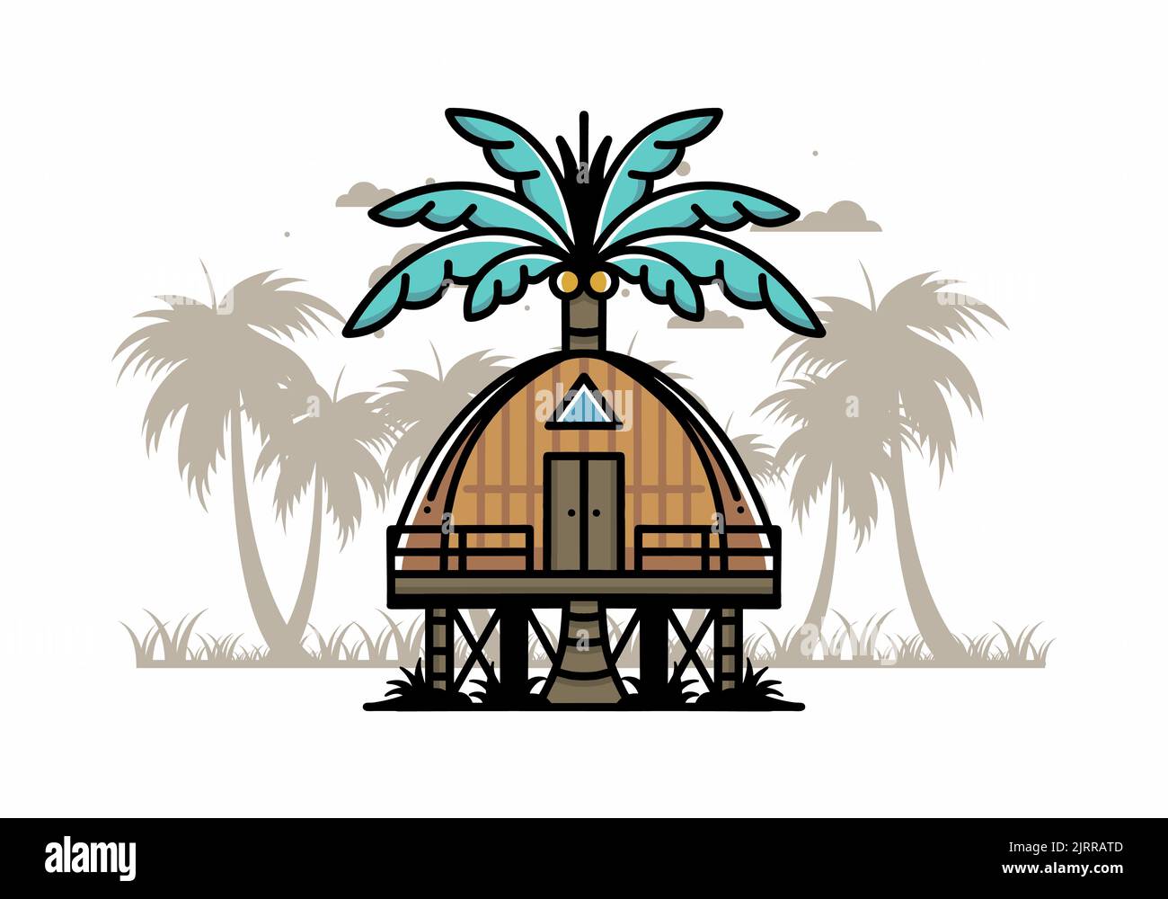 Illustration badge conception d'une maison en bois avec un grand arbre de noix de coco Illustration de Vecteur