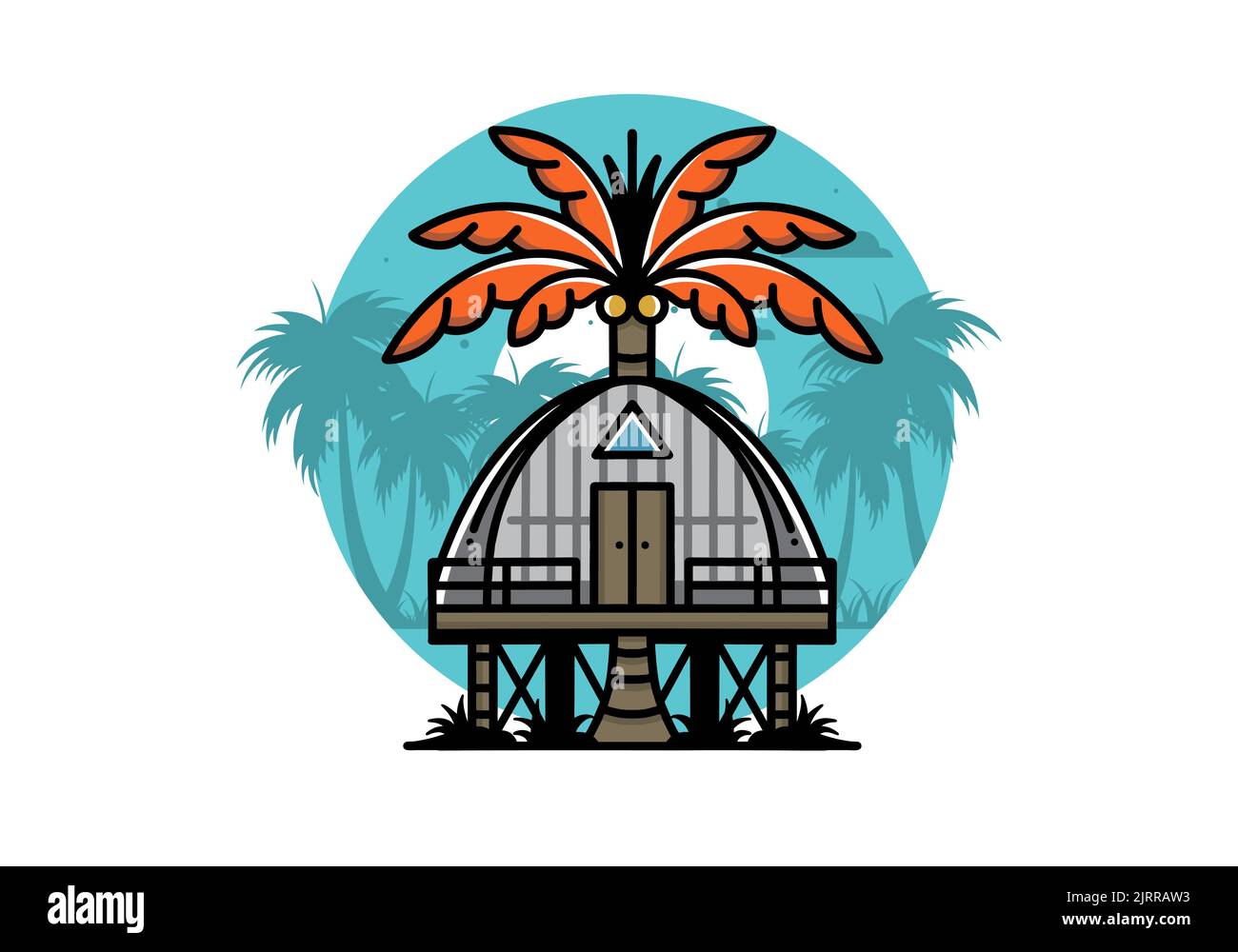 Illustration badge conception d'une maison en bois avec un grand arbre de noix de coco Illustration de Vecteur