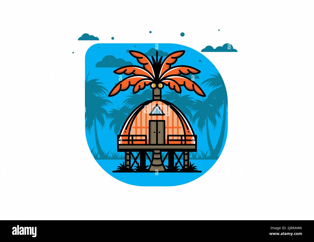 Illustration badge conception d'une maison en bois avec un grand arbre de noix de coco Illustration de Vecteur