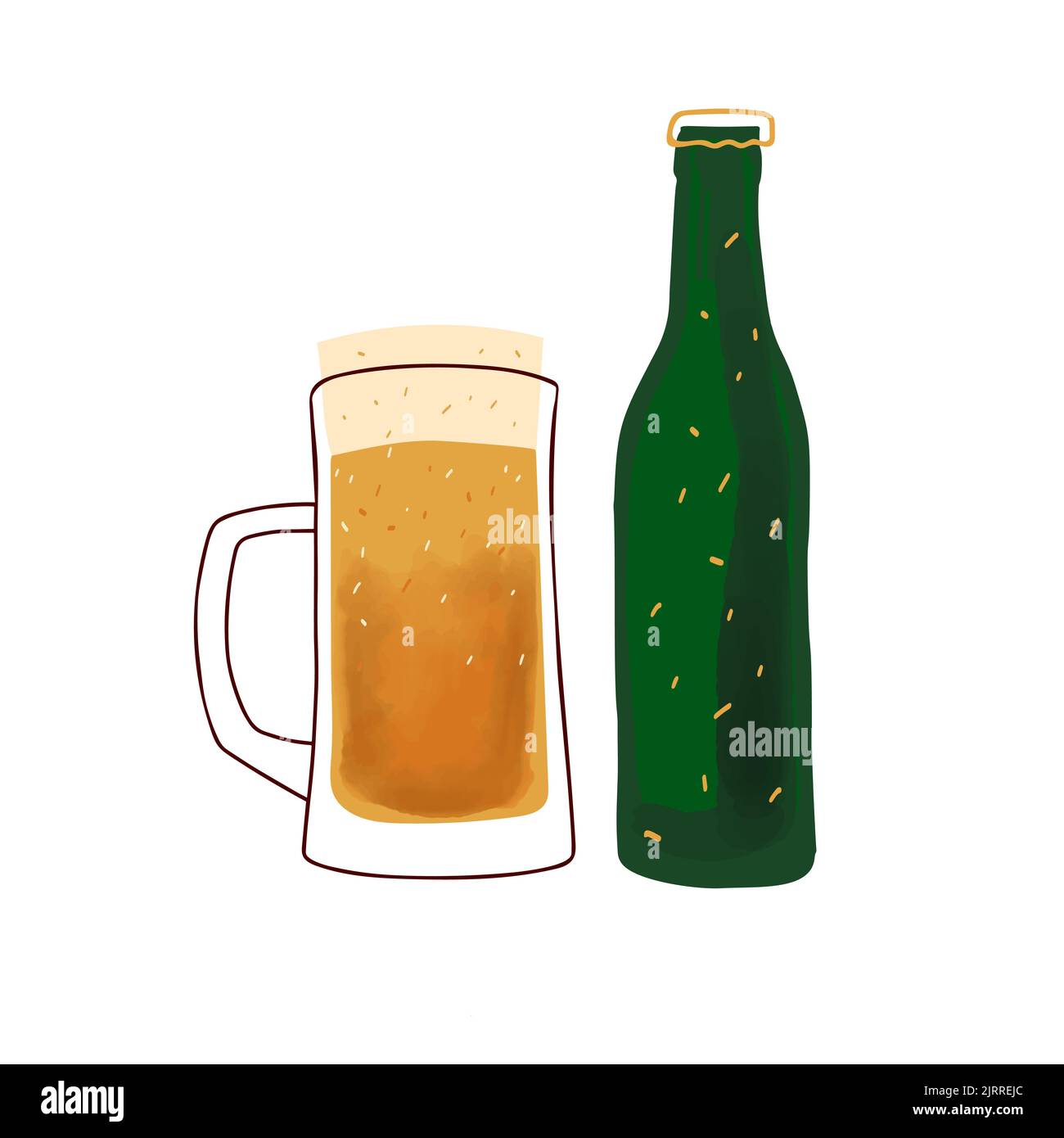 Tasse de bière et bouteille verte illustration stylisée isolée sur fond blanc Illustration de Vecteur