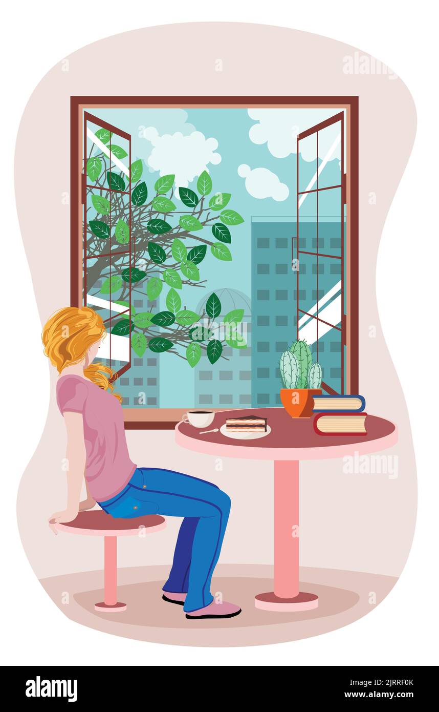 Une fille blonde s'assoit sur une chaise et regarde l'arbre avec des feuilles vertes et des bâtiments derrière une illustration de fenêtre ouverte. Illustration de Vecteur