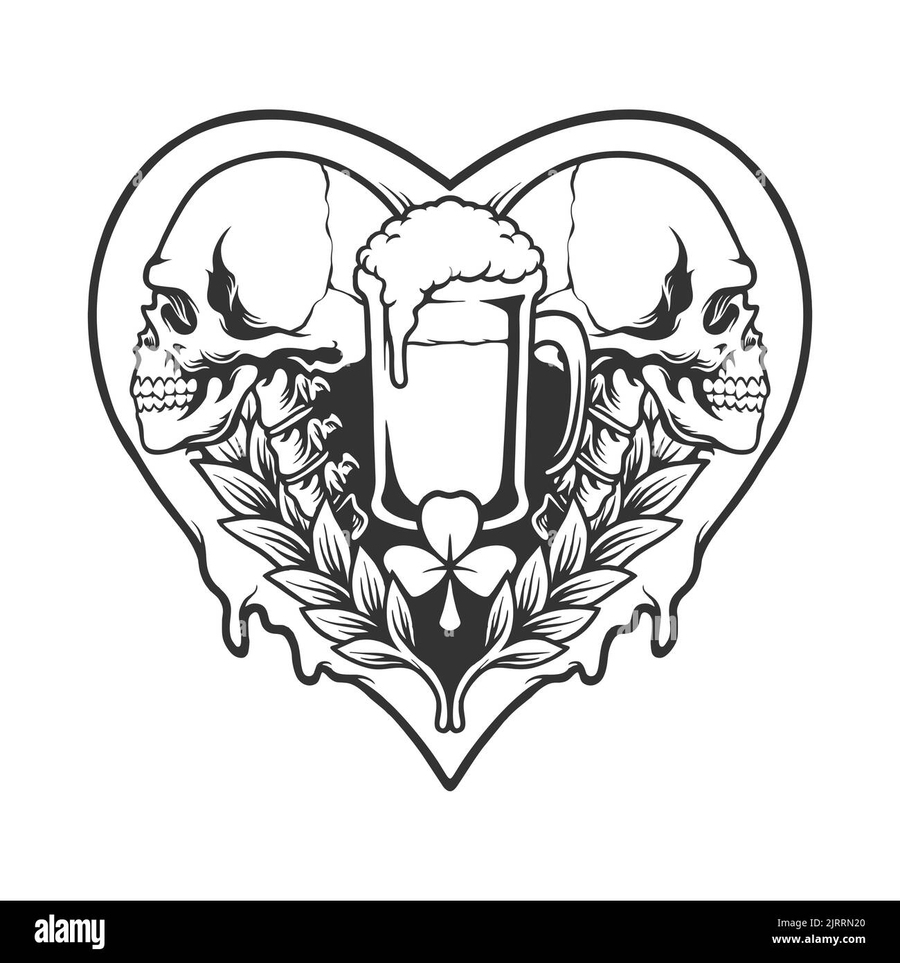 Bière à motif coeur de crâne avec silhouette de trèfle illustrations vectorielles pour votre travail logo, t-shirt de marchandise de mascotte, autocollants et étiquettes, affiche, Banque D'Images