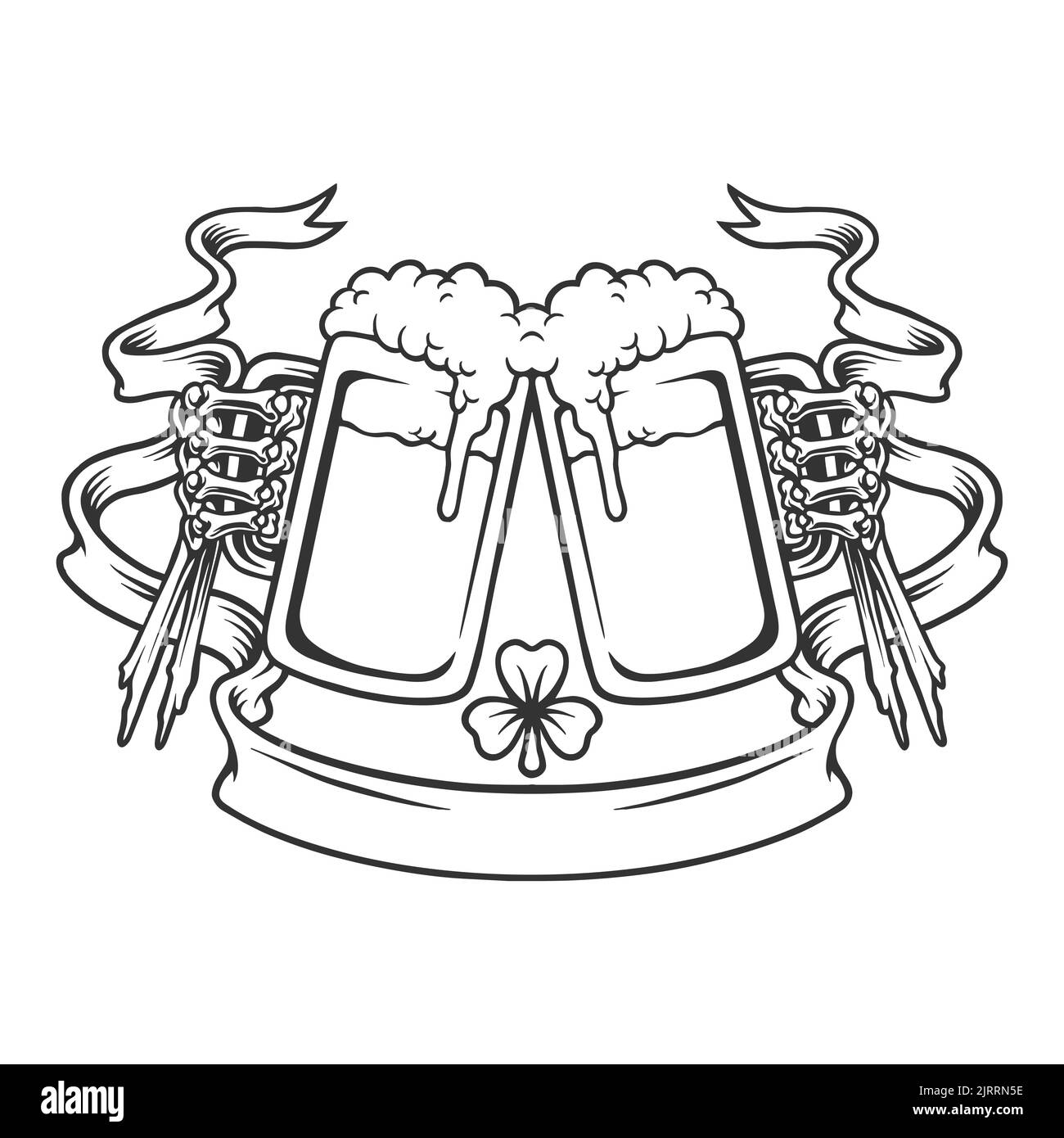 Cheers à bière Skulls avec ruban de trèfle feuilles monochromes illustrations vectorielles pour votre travail logo, t-shirt de mascotte, autocollants et motifs d'étiquettes, Banque D'Images