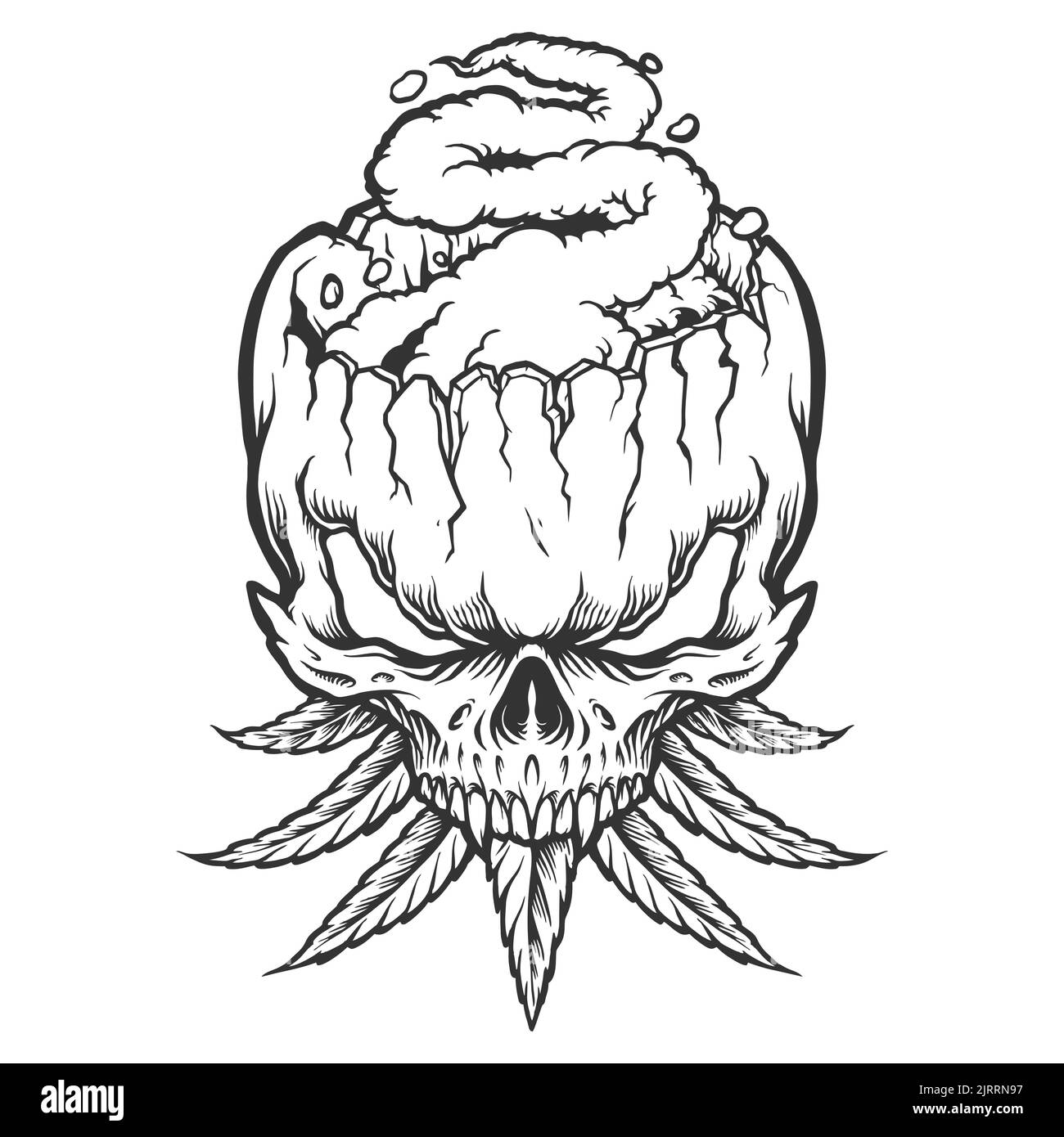 Crâne de pierre avec silhouette de fumée de feuilles de mauvaises herbes illustrations vectorielles pour votre travail logo, t-shirt de marchandise de mascotte, autocollants et dessins d'étiquettes, affiche, g Banque D'Images