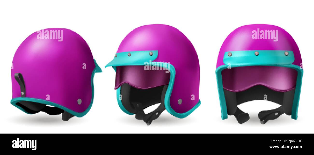 Casque de moto pour la course de moto et le scooter. Illustration réaliste vectorielle du casque rose rétro 3D avec visière bleue et lunettes à l'avant et à l'arrière Illustration de Vecteur