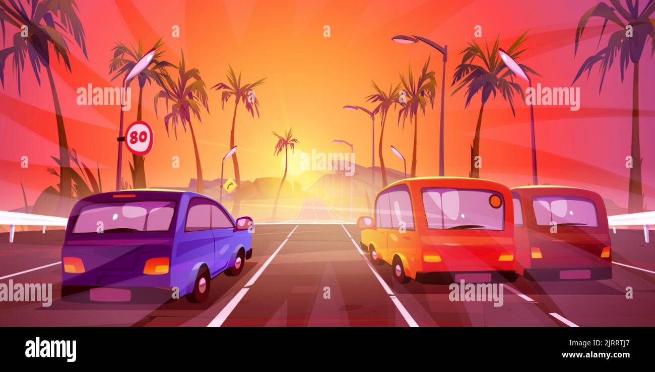 Voitures roulant sur l'autoroute sur un magnifique paysage tropical de crépuscule avec palmiers et feux de rue à côté. Vue arrière des automobiles, conduite sur route Illustration de Vecteur