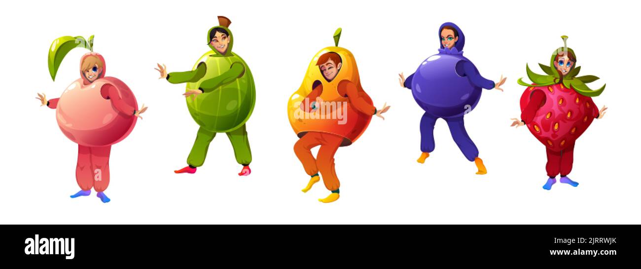 Personnages en costumes de fête amusants de fruits. Des gens heureux vêtus de costumes de carnaval de fraise, de bleuet, de poire et de pêche dansant isolés sur le whi Illustration de Vecteur