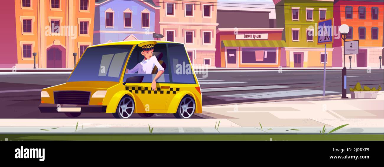 Chauffeur de taxi assis dans la voiture avec fenêtre ouverte attendant le passager dans la rue de la ville avec des maisons et zébra. Personnage masculin Cabbie expérimenté dans l'automo jaune Illustration de Vecteur