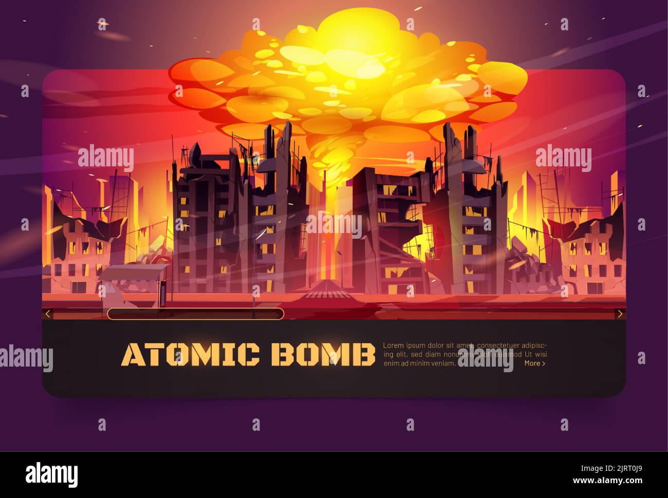 Explosion d'une bombe atomique dans une ville détruite avec des bâtiments cassés. Illustration vectorielle de la guerre des atomes avec des maisons démolies et un nuage de champignons de nu Illustration de Vecteur