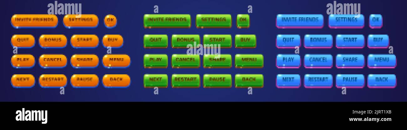 Boutons brillants pour interface de menu de jeux ou d'applications, ensemble d'éléments de conception d'interface utilisateur. Touches orange, vert et bleu brillantes pause, paramètres, inviter des amis, ok, quitter, bo Illustration de Vecteur