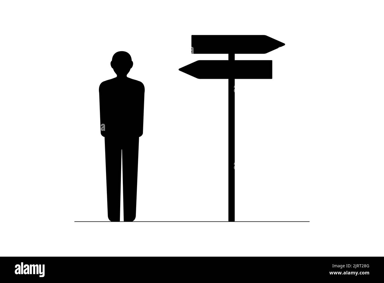 Icône d'un homme debout à un carrefour avec des flèches de direction en sens inverse. Choix, cheminement de carrière ou concept de décision. Illustration du vecteur plat Illustration de Vecteur