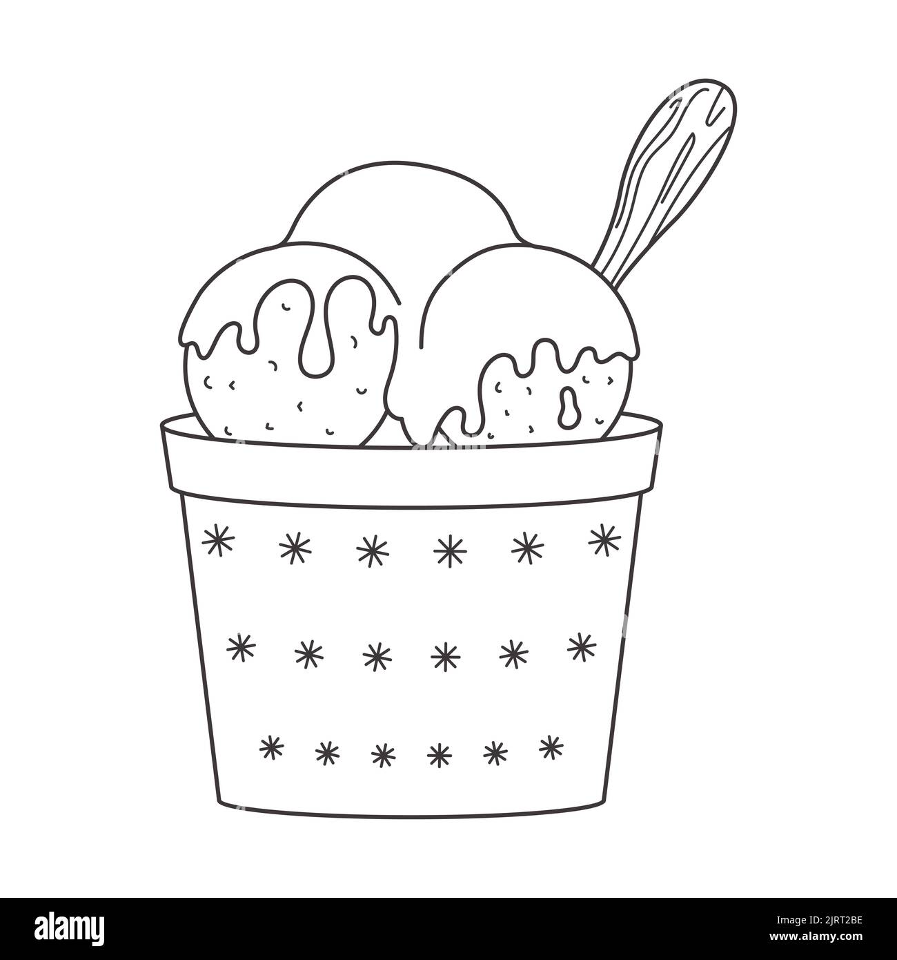 Contour boules de glace avec glaçage fondu et cuillère en bois dans un bol avec flocons de neige. Dessert laitier froid. Mets sucrés de saison. Doodle noir et blanc Illustration de Vecteur