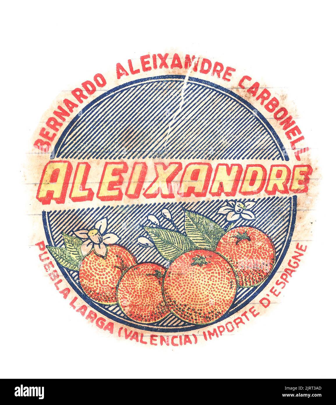 Emballage de papier de soie pour fruits frais, de mi-1950s en Angleterre, avec marque de fabrique du producteur. Bernado Aleixandre Carbonell, Valencia, oranges, Espana, Espagne. Banque D'Images