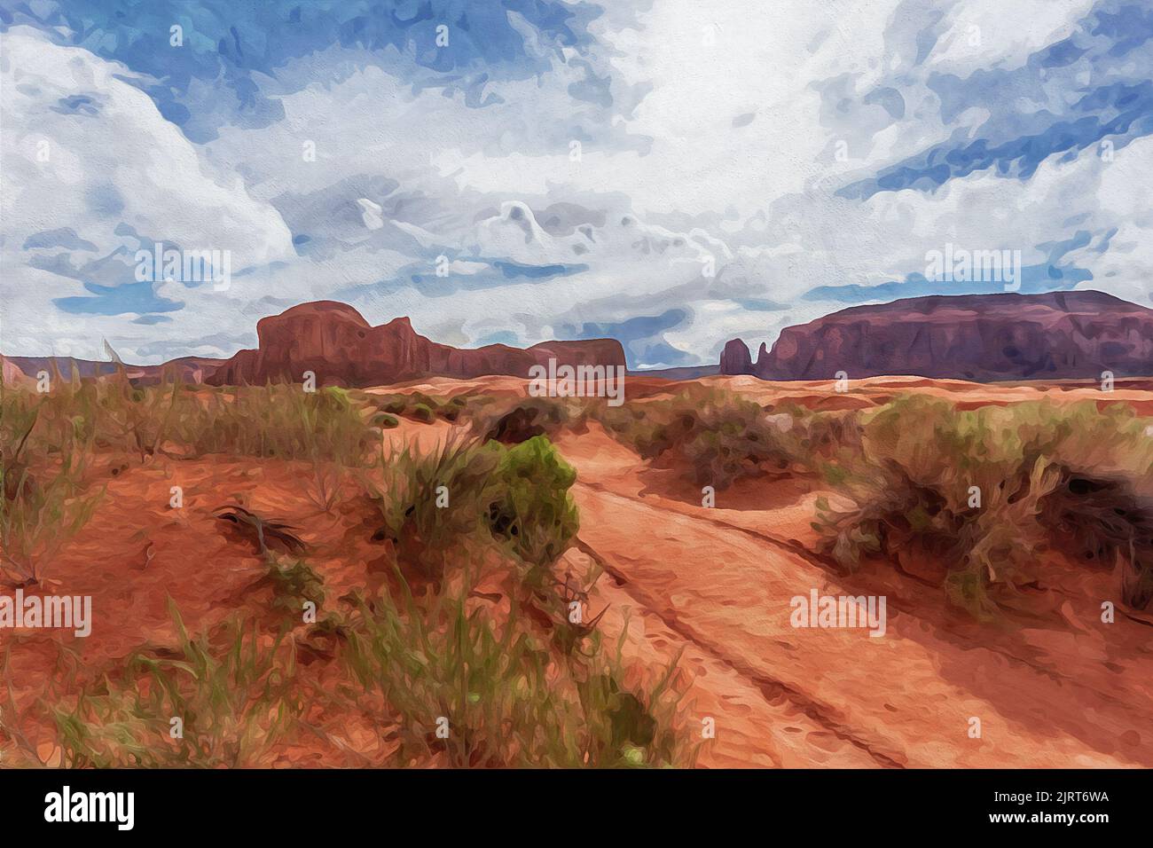 Création numérique de peinture aquarelle d'une route de terre désertique à travers Monument Valley Banque D'Images