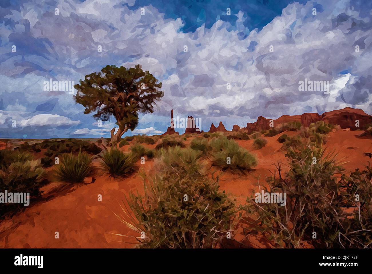 Peinture à l'aquarelle créée numériquement de formations de grès Totem pole et dunes de sable, Monument Valley, Arizona, États-Unis Banque D'Images