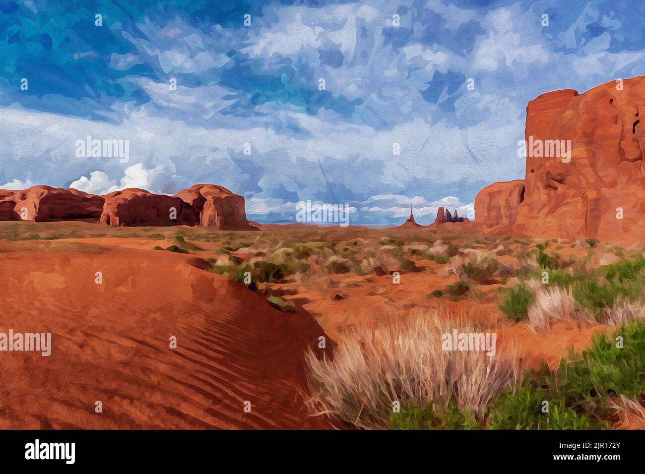 Création numérique de peinture aquarelle d'une scène tranquille du sud-ouest avec totem pôle au loin dans Monument Valley. Banque D'Images