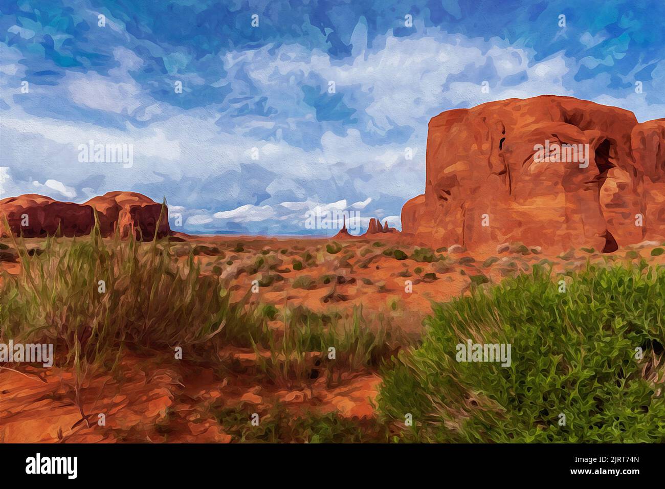 Création numérique de peinture aquarelle d'une scène tranquille du sud-ouest avec totem pôle au loin dans Monument Valley. Banque D'Images