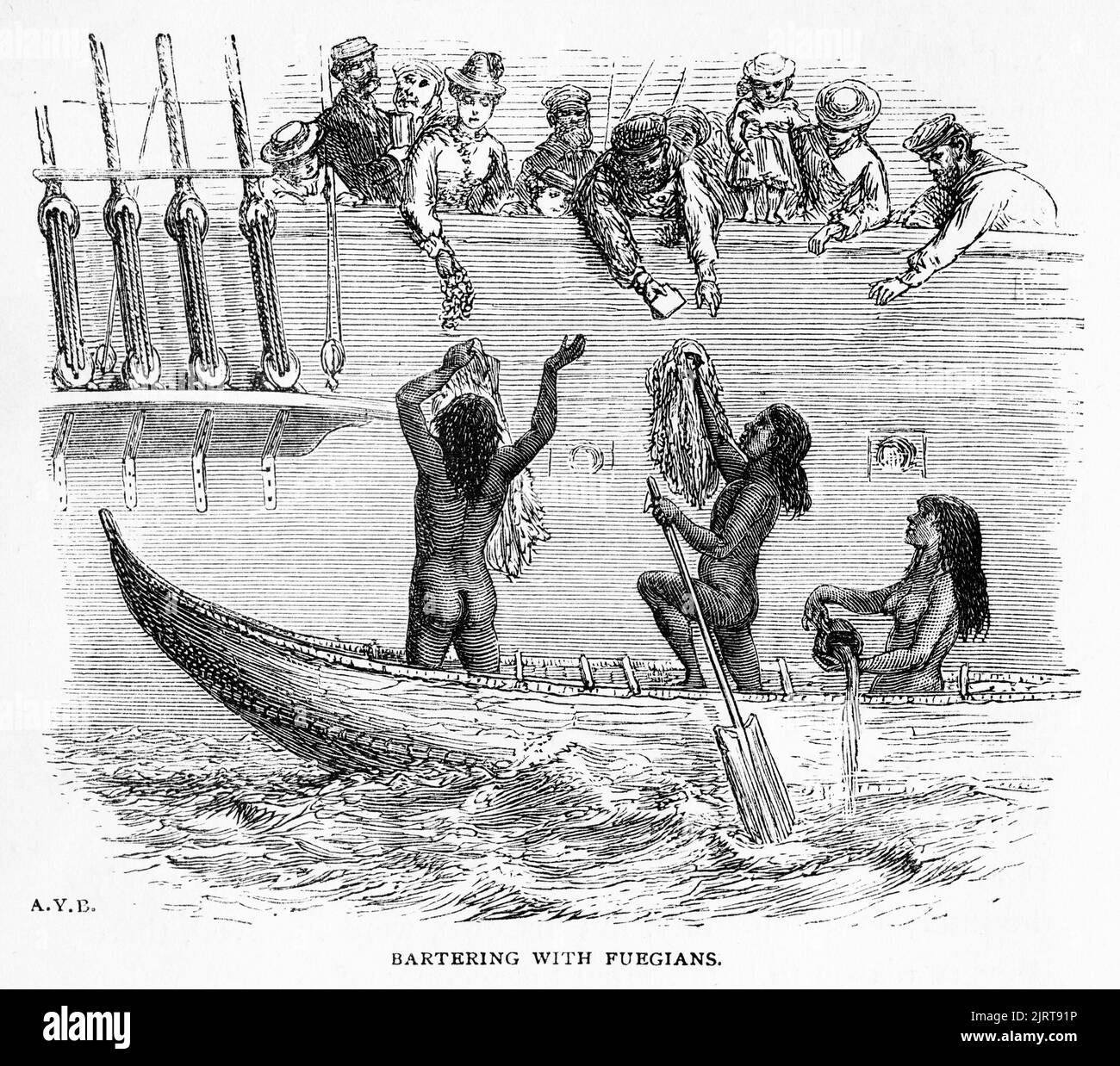 Gravure de passagers et d'hommes d'équipage du Bartering Sunbeam avec des indiens Fuegiens en Amérique du Sud, d'Un Voyage dans le Sunbeam par la baronne Anna 'Annie' Brassey (1839 – 1887), publié en 1878 Banque D'Images