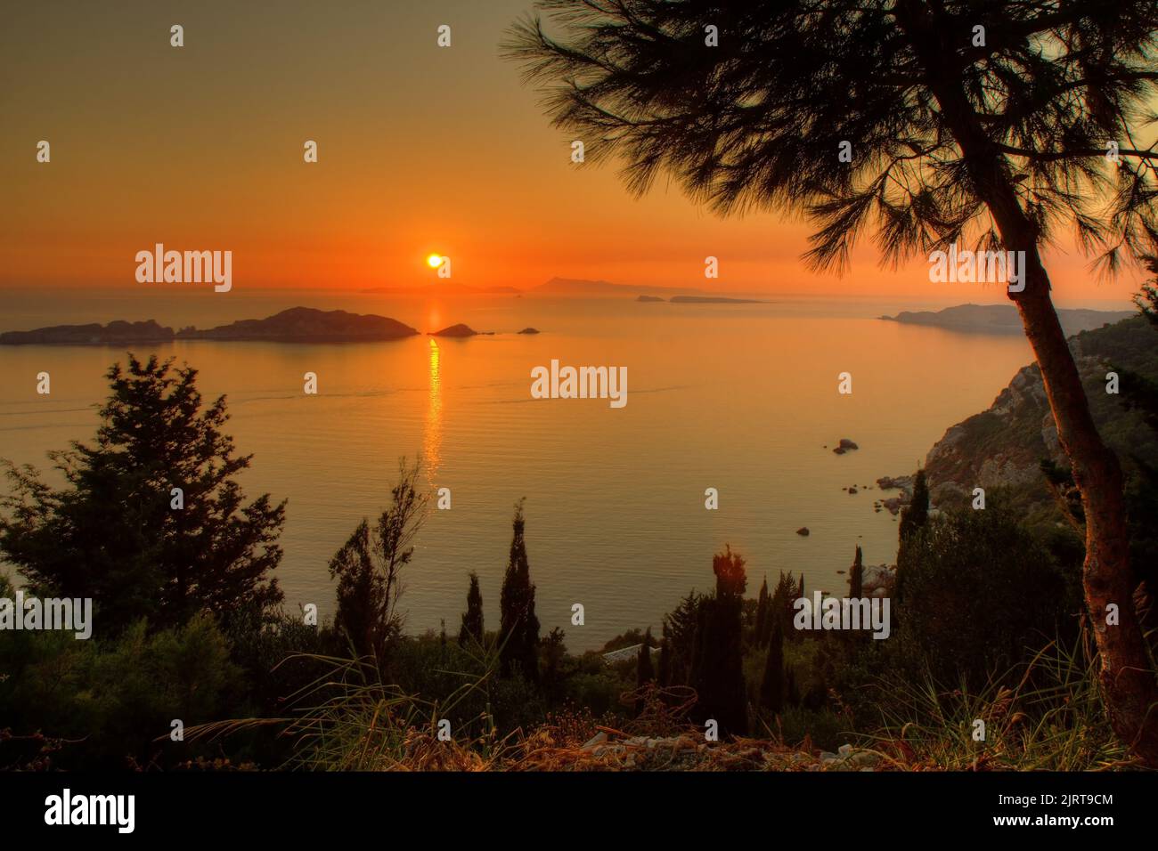 Magnifique coucher de soleil avec silhouette d'arbre sur la plage de Porto Timony - Corfou, Grèce, Europe. Fond d'écran HD, 4K arrière-plan. Contenu illustratif - vacances, LSS Banque D'Images