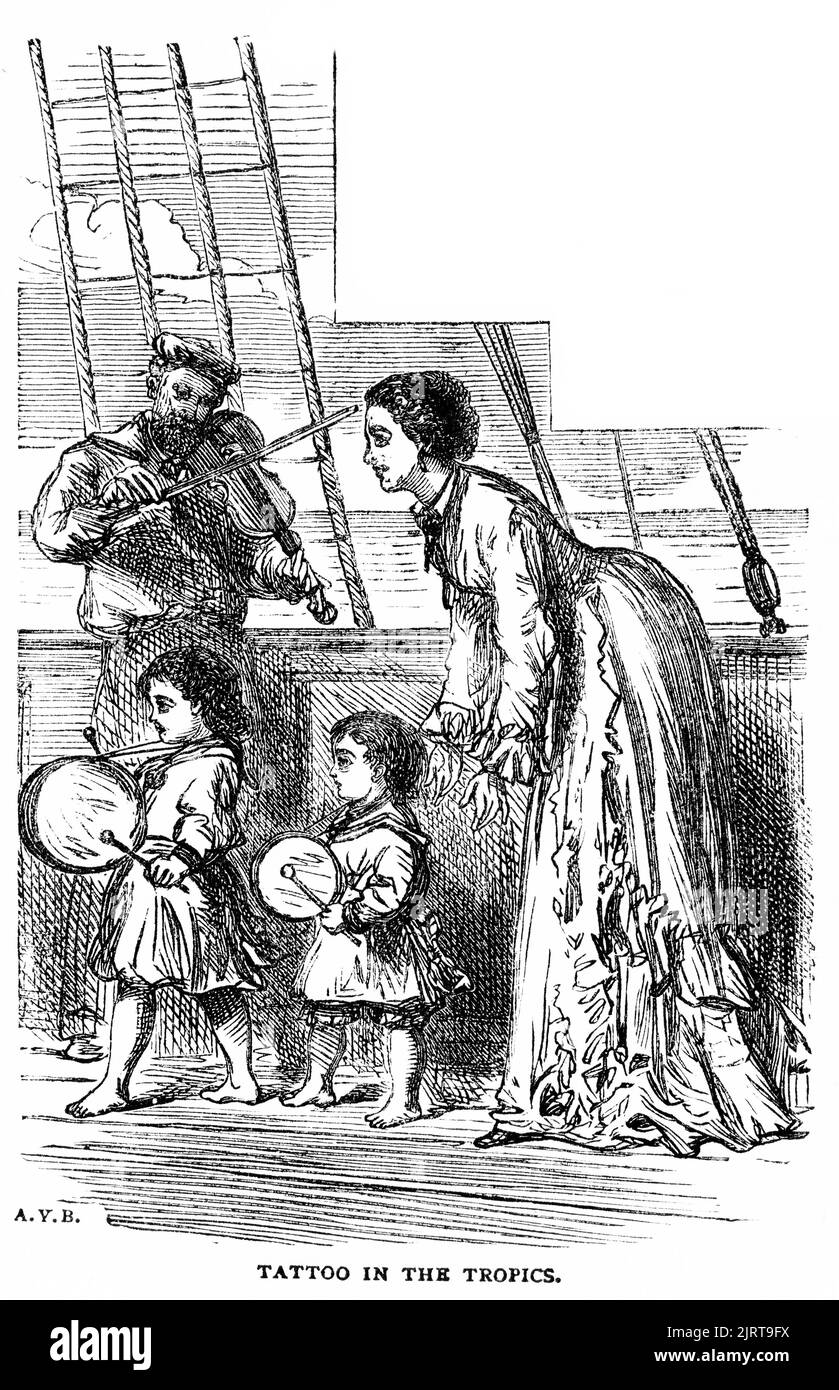 Gravure de la baronne Brassey avec ses enfants jouant de la musique sur le pont, d'A Voyage in the Sunbeam par la baronne Anna 'Annie' Brassey (1839 – 1887), publié en 1878 Banque D'Images