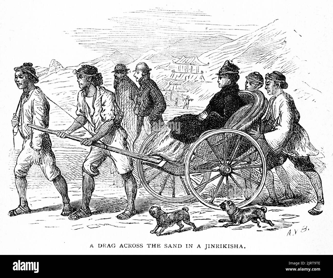 Gravure de la baronne Brassey dans un pousse-pousse au Japon, d'un voyage dans le Sunbeam par la baronne Anna 'Annie' Brassey (1839 – 1887), publié en 1878 Banque D'Images