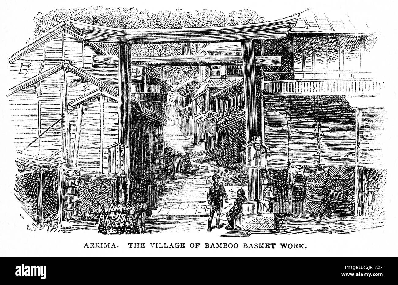 Gravure d'Arrima, le village de l'œuvre de bambou au Japon, d'Un voyage dans le Sunbeam par la baronne Anna 'Annie' Brassey (1839 – 1887), publié en 1878 Banque D'Images