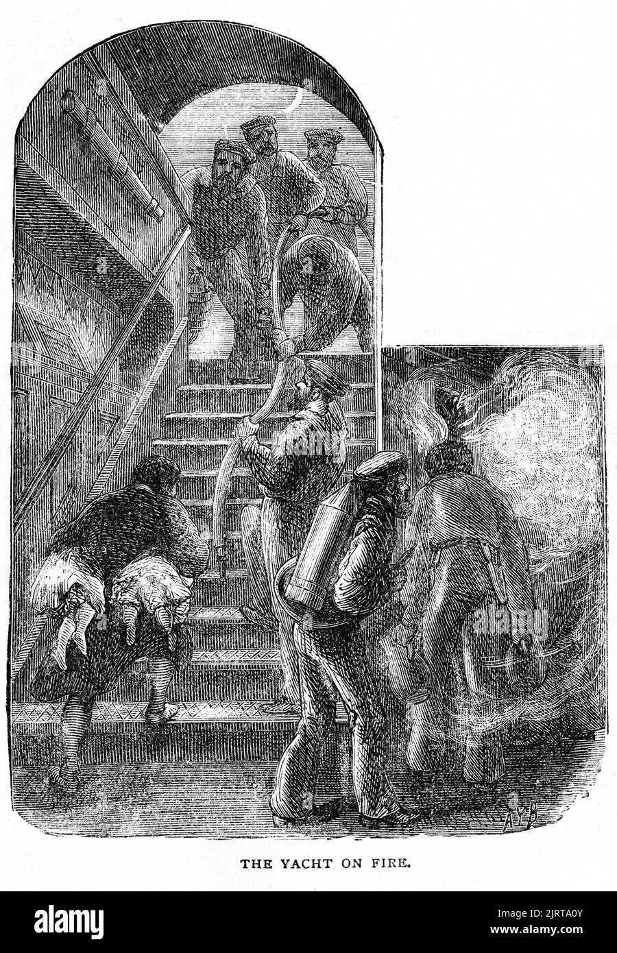 Gravure de crèwmen sauvant des enfants et mettant un feu à bord du Sunbeam, d'Un Voyage dans le Sunbeam par la baronne Anna 'Annie' Brassey (1839 – 1887), publié en 1878 Banque D'Images